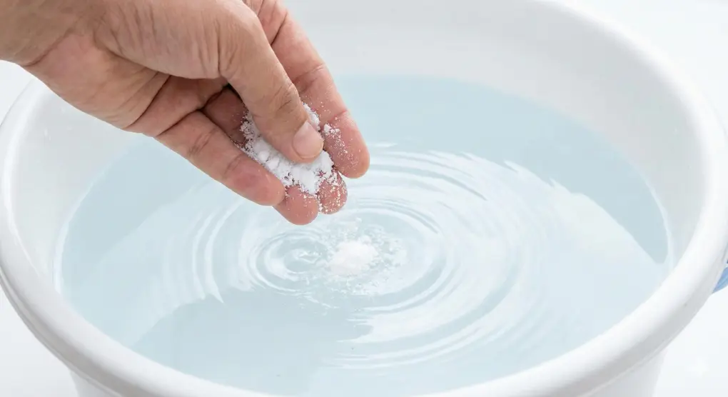 Tangan seseorang menaburkan serbuk putih kapur barus ke dalam ember berisi air jernih, menciptakan riak di permukaan air, sebagai persiapan siraman terakhir jenazah.