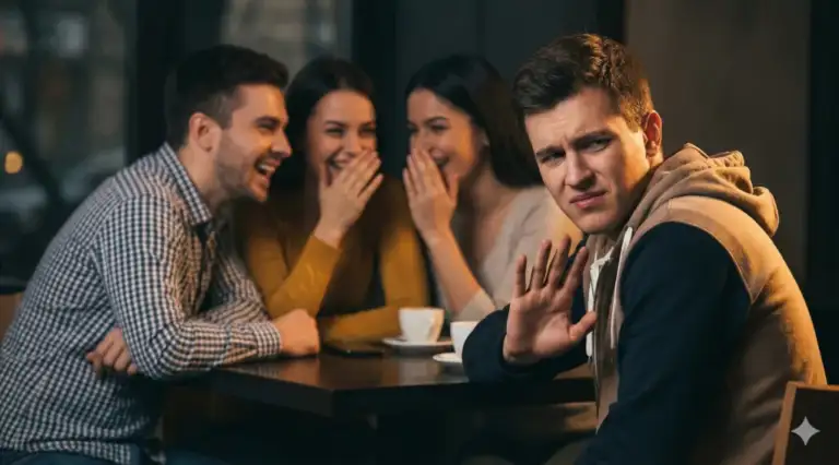 Person looking uncomfortable, signaling refusal while friends laugh and gossip.