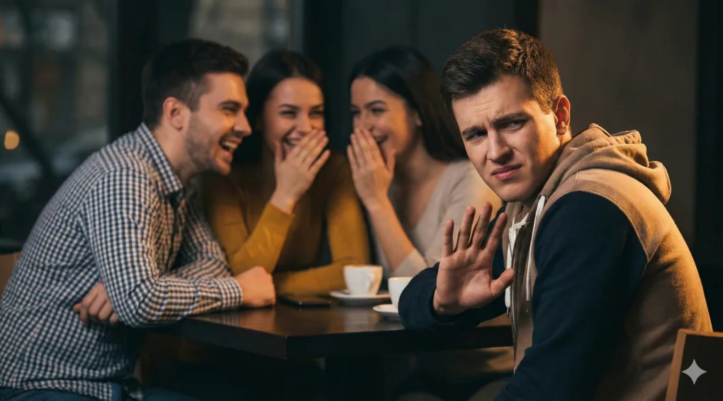 Ilustrasi seorang pria/wanita yang menunjukkan ekspresi tidak nyaman dan memberi isyarat tangan menolak saat teman-temannya sedang asyik tertawa menggunjing orang lain.