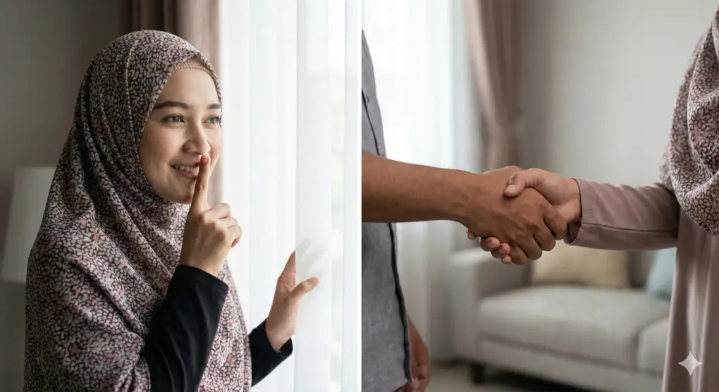 Foto kolase wanita muslimah berhijab memberikan isyarat diam (menjaga lisan) di sebelah kiri, dan foto jabat tangan tanda meminta maaf (istihlal) di sebelah kanan.