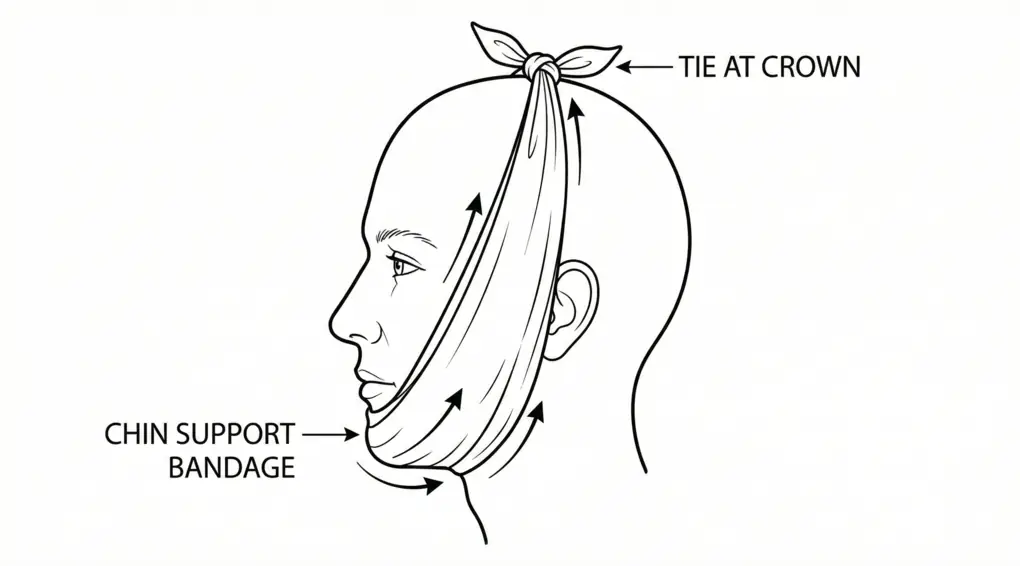 Ilustrasi sketsa medis cara mengikat rahang jenazah menggunakan kain perban dari bawah dagu ditarik hingga ke ubun-ubun agar mulut tertutup rapat.