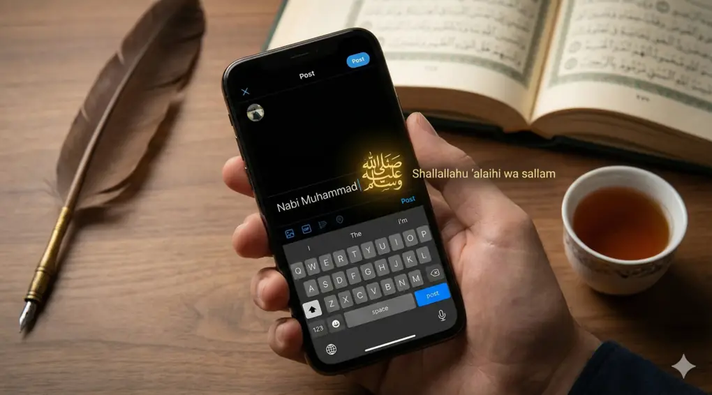 Hukum Menyingkat SAW: Penjelasan Kitab Syarah Shahih Al-Bukhari tentang Adab Menulis Shalawat 2 Seseorang sedang mengetik postingan di smartphone, menambahkan simbol emas ﷺ dan teks latin 'Shallallahu 'alaihi wa sallam' setelah nama Nabi Muhammad. Latar belakang menunjukkan meja kayu dengan pena bulu, gelas teh, dan kitab terbuka, menggabungkan nuansa modern dan tradisional.