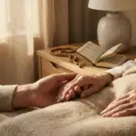 Foto close-up tangan seorang anak menggenggam lembut tangan orang tua yang sedang sakaratul maut di tempat tidur, ditemani tasbih dan Al-Quran, menggambarkan suasana pendampingan spiritual yang tenang.
