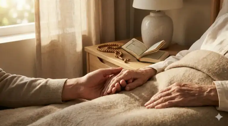 A close-up photo of a child gently holding the hand of a parent who is in the final moments of life on a bed, accompanied by prayer beads and the Qur’an, depicting a calm atmosphere of spiritual companionship.