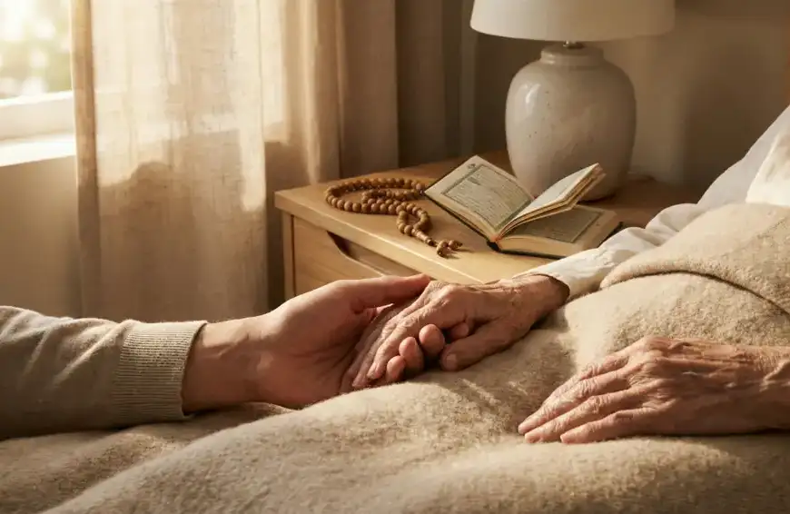 Home 9 Foto close-up tangan seorang anak menggenggam lembut tangan orang tua yang sedang sakaratul maut di tempat tidur, ditemani tasbih dan Al-Quran, menggambarkan suasana pendampingan spiritual yang tenang.
