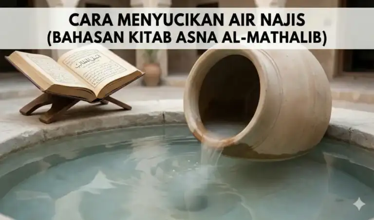 Ilustrasi air dalam wadah bermulut lebar yang dicelupkan ke dalam air tenang hingga permukaannya sejajar, menggambarkan syarat sah penyucian air mutanajjis menjadi dua qullah.