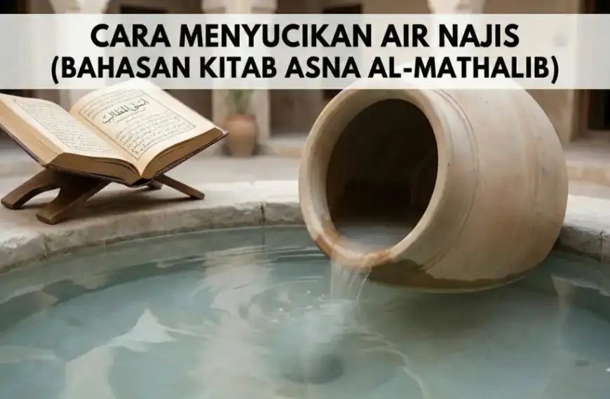 Ilustrasi air dalam wadah bermulut lebar yang dicelupkan ke dalam air tenang hingga permukaannya sejajar, menggambarkan syarat sah penyucian air mutanajjis menjadi dua qullah.