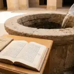 A man points to an open page of Asnā al-Maṭālib on a table beside an old stone well. In the background, someone is pouring clean water from a large bucket into the well, illustrating the process of purifying the water.