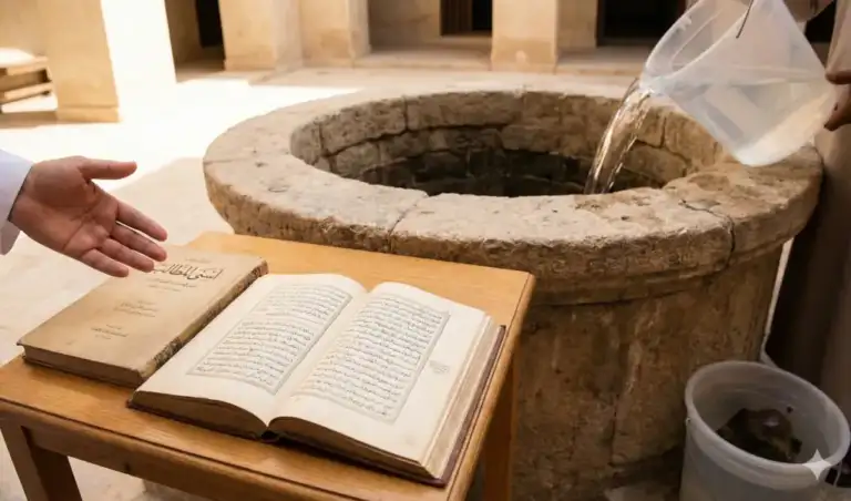 A man points to an open page of Asnā al-Maṭālib on a table beside an old stone well. In the background, someone is pouring clean water from a large bucket into the well, illustrating the process of purifying the water.