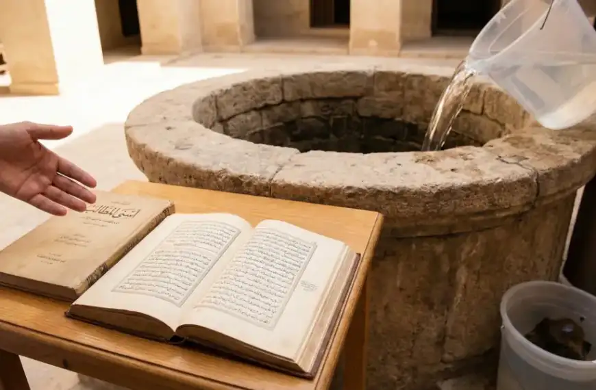 Seorang pria menunjuk halaman terbuka kitab Asna al-Matalib di atas meja di samping sumur batu tua. Di latar belakang, seseorang sedang menuangkan air bersih dari ember besar ke dalam sumur sebagai ilustrasi proses penyucian air.