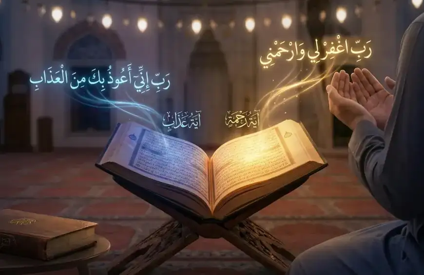 Home 31 Ilustrasi seorang pria sedang berdoa dalam shalat di masjid di depan Al-Quran yang terbuka. Halaman kanan bersinar emas menunjukkan teks Arab "Ayat Rahmat" dan doa mohon ampun, sedangkan halaman kiri bersinar biru menunjukkan "Ayat Azab" dan doa perlindungan dari siksa. Sebuah kitab "Asna al-Mathalib" terlihat di meja samping.