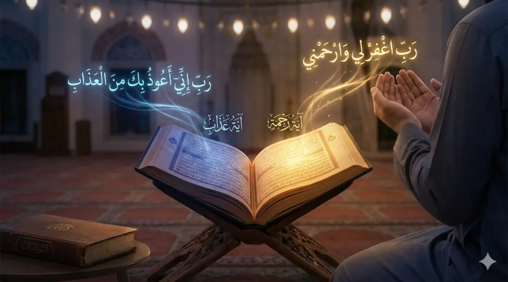 Cara Merespons Ayat Al-Qur'an dalam Shalat: Panduan Doa Rahmat dan Azab 1 Ilustrasi seorang pria sedang berdoa dalam shalat di masjid di depan Al-Quran yang terbuka. Halaman kanan bersinar emas menunjukkan teks Arab "Ayat Rahmat" dan doa mohon ampun, sedangkan halaman kiri bersinar biru menunjukkan "Ayat Azab" dan doa perlindungan dari siksa. Sebuah kitab "Asna al-Mathalib" terlihat di meja samping.