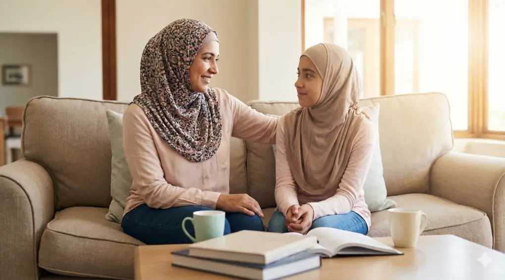 Seorang ibu muslim berhijab sedang berbicara hangat dengan anak perempuannya, memberikan bimbingan tentang masa baligh dan kewajiban shalat.