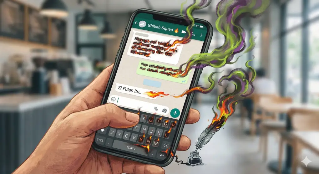 Ilustrasi tangan memegang smartphone membuka grup chat berisi ghibah, di mana ketikan pesan berubah menjadi asap beracun dan bara api, dengan ikon pena tinta di sampingnya.