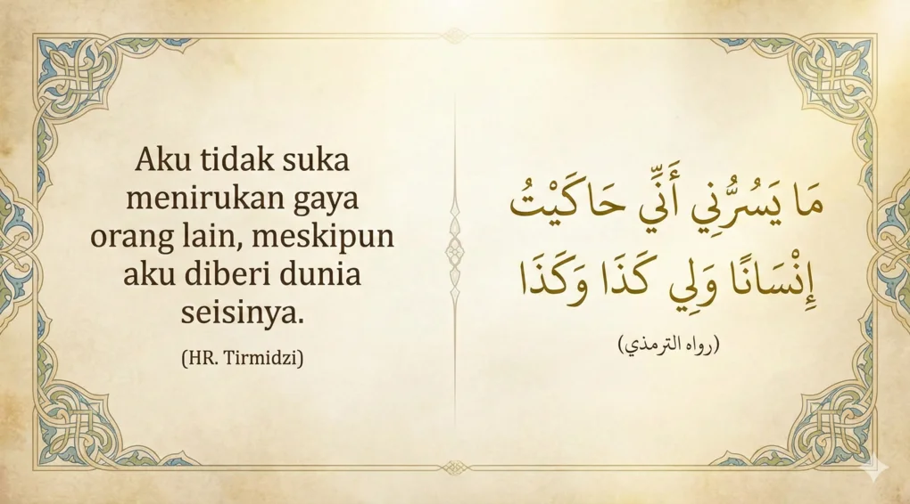 Infografis tipografi estetik menampilkan teks Arab hadits riwayat Tirmidzi beserta terjemahannya yang berisi teguran Nabi Muhammad ﷺ kepada Aisyah RA saat menirukan gaya orang lain. Ini menjadi landasan hukum parodi dalam Islam