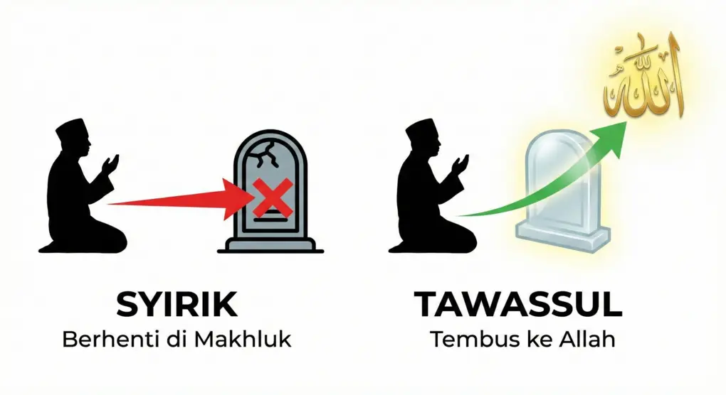 Diagram minimalis membandingkan dua jalur doa. Sisi kiri 'SYIRIK': panah merah berhenti dan terblokir di nisan kuburan. Sisi kanan 'TAWASSUL': panah hijau melewati nisan dan terus naik menuju kaligrafi Allah di langit.