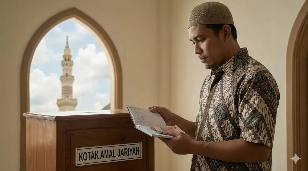 Ilustrasi buku catatan keuangan dan tumpukan uang koin di depan latar belakang masjid saat senja, menggambarkan dilema pengelolaan dana kas masjid dan hukum fikih menggaji muadzin.