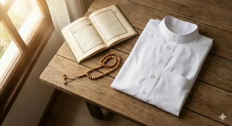 Baju koko putih bersih terlipat rapi di samping kitab doa Al-Qur'an terbuka dan tasbih kayu di atas meja kayu dengan cahaya matahari pagi.