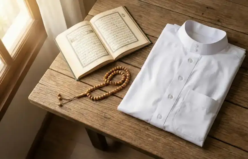 Home 25 Baju koko putih bersih terlipat rapi di samping kitab doa Al-Qur'an terbuka dan tasbih kayu di atas meja kayu dengan cahaya matahari pagi.