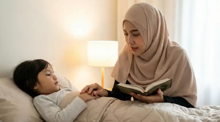 A Muslim mother recites prayers and Ayat al-Kursi for her sick child.