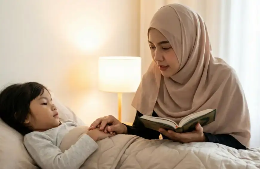 Home 27 Seorang ibu Muslim membacakan doa dan ayat kursi untuk anaknya yang sedang sakit.