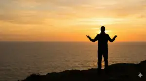 Home 33 Illustration of a Muslim standing on a cliff at dusk, raising hands in total surrender to Allah's Mercy, reflecting the essence of Abu Bakrah's prayer.