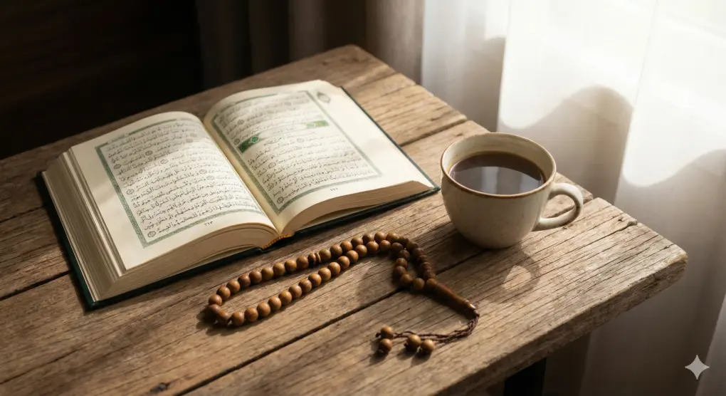 Suasana dzikir pagi dengan tasbih dan Al-Quran, amalan pembuka pintu rezeki yang berkah.