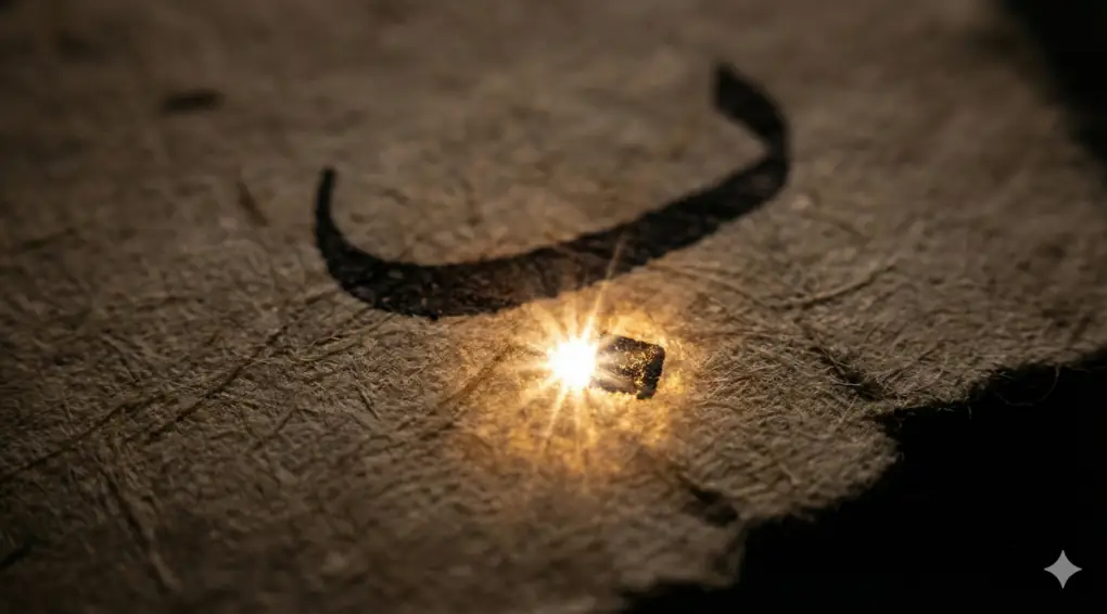 Fotografi makro close-up pada huruf Arab Ba' (ب) di atas kertas tua bertekstur. Titik di bawah huruf tersebut bersinar sangat terang seperti bintang kecil, menjadi fokus utama gambar.