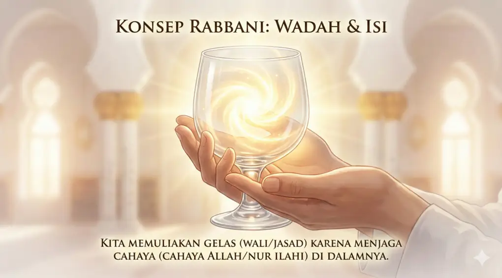 Panduan Lengkap Tawassul: Pengertian, Dalil Shahih, Logika Aqidah, dan Bantahan Tuduhan Syirik 2 Ilustrasi gelas bening berisi cahaya, menganalogikan Wali Allah sebagai wadah yang memancarkan Nur Ilahi