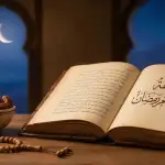 An illustration of the classical book Fathul Mu'in lying open on a wooden table, set against a background of a mosque window, a crescent moon, and dates, symbolizing the discussion of Fiqh and the laws of Ramadan fasting.
