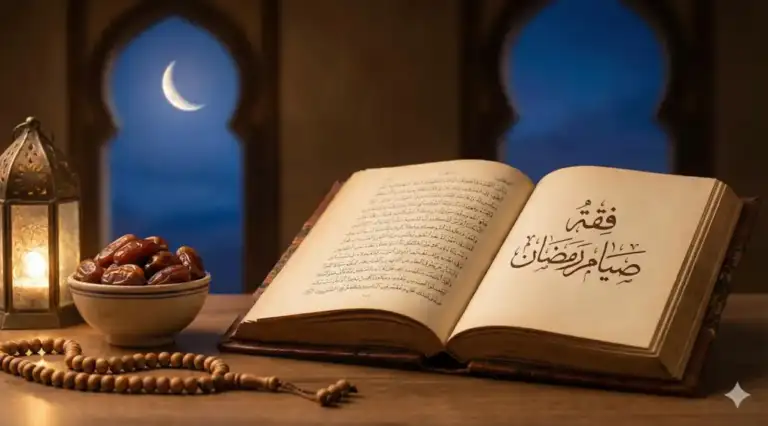 An illustration of the classical book Fathul Mu'in lying open on a wooden table, set against a background of a mosque window, a crescent moon, and dates, symbolizing the discussion of Fiqh and the laws of Ramadan fasting.
