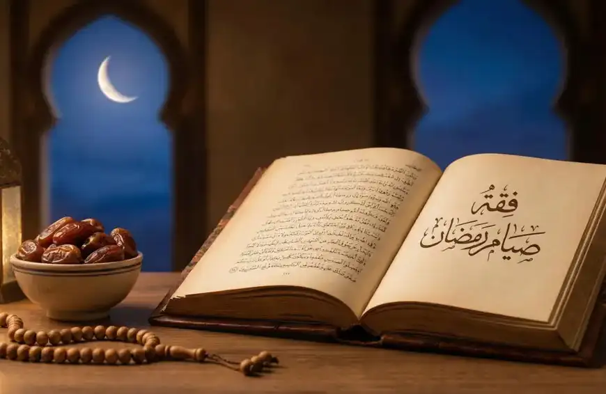 Ilustrasi kitab kuning Fathul Mu'in terbuka di atas meja kayu dengan latar belakang jendela masjid, bulan sabit, dan kurma, membahas fiqih dan hukum puasa Ramadhan.