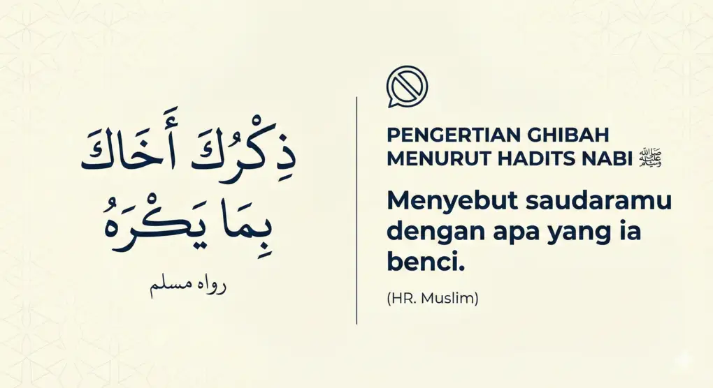 Teks Arab hadits Nabi riwayat Muslim tentang definisi ghibah beserta terjemahannya: Menyebut saudaramu dengan apa yang ia benci.
