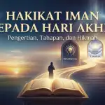 A blog cover illustration with the large title 'THE ESSENCE OF FAITH IN THE LAST DAY'. The image depicts a person standing before a luminous path leading to three gates labeled 'DEFINITION', 'STAGES', and 'WISDOM', with a glowing open scripture in the foreground.