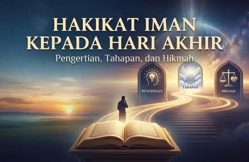 Ilustrasi sampul blog dengan judul besar "HAKIKAT IMAN KEPADA HARI AKHIR". Gambar menunjukkan seseorang berdiri di depan jalan bercahaya yang mengarah ke tiga gerbang bertuliskan "PENGERTIAN", "TAHAPAN", dan "HIKMAH", dengan sebuah kitab terbuka yang bersinar di latar depan.