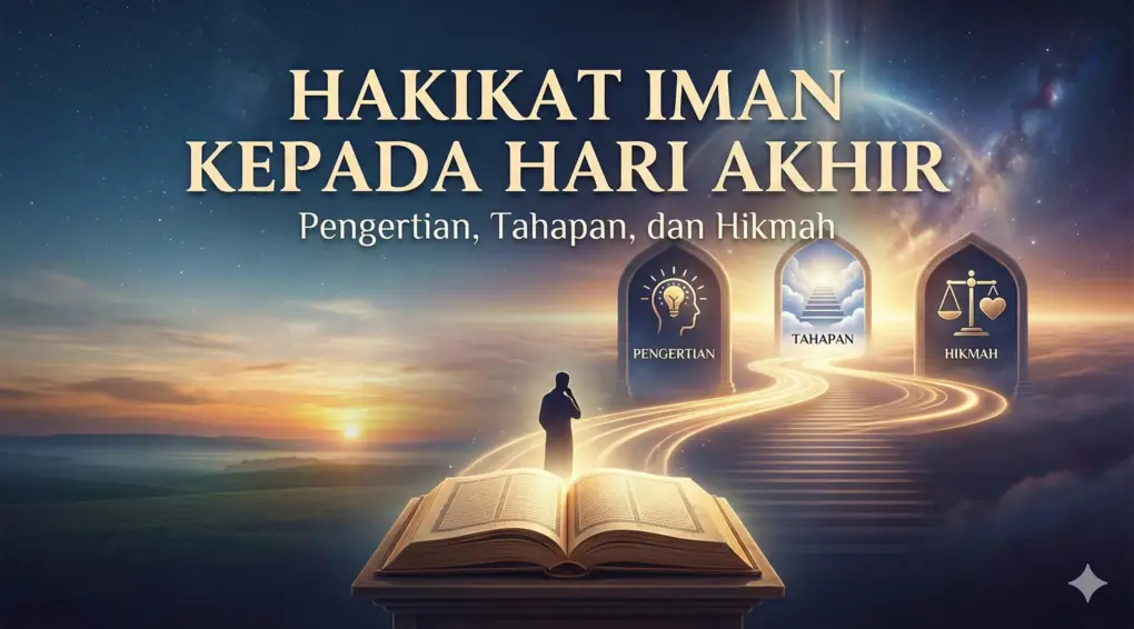 Hakikat Iman Kepada Hari Akhir: Pengertian, Tahapan, dan Hikmah Menurut Kitab Kuning Ilustrasi sampul blog dengan judul besar "HAKIKAT IMAN KEPADA HARI AKHIR". Gambar menunjukkan seseorang berdiri di depan jalan bercahaya yang mengarah ke tiga gerbang bertuliskan "PENGERTIAN", "TAHAPAN", dan "HIKMAH", dengan sebuah kitab terbuka yang bersinar di latar depan.