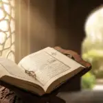 Kitab kuning I'anatut Thalibin terbuka di atas rehal kayu dengan sepasang cincin nikah emas di atas halamannya, berlatar belakang arsitektur Islami yang hangat.