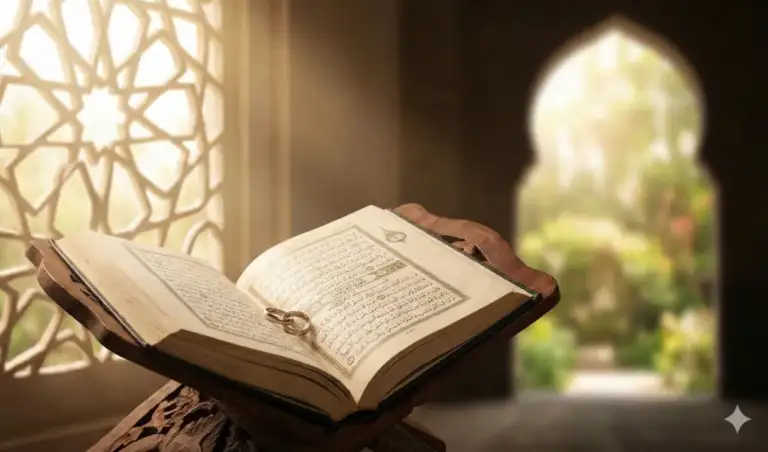 An open copy of **Iʿānat al-Ṭālibīn** rests on a wooden bookstand (*rehal*), with a pair of gold wedding rings placed atop its pages, set against a warm backdrop of Islamic architecture.