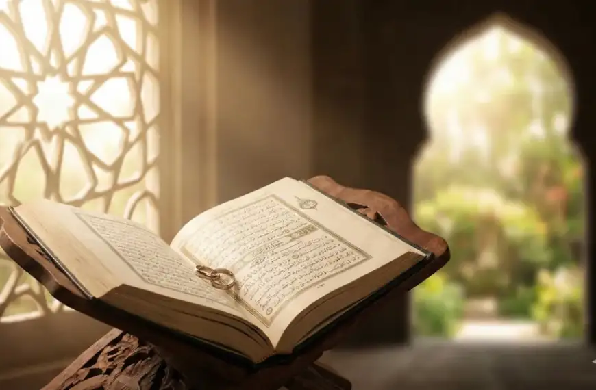 Kitab kuning I'anatut Thalibin terbuka di atas rehal kayu dengan sepasang cincin nikah emas di atas halamannya, berlatar belakang arsitektur Islami yang hangat.