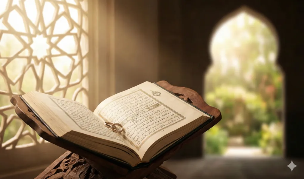 Kitab kuning I'anatut Thalibin terbuka di atas rehal kayu dengan sepasang cincin nikah emas di atas halamannya, berlatar belakang arsitektur Islami yang hangat.