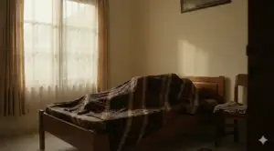 Home 9 A quiet atmosphere in a bedroom, with the deceased already covered in a long batik cloth from head to toe, illustrating the initial preparations for caring for the body before it is washed.