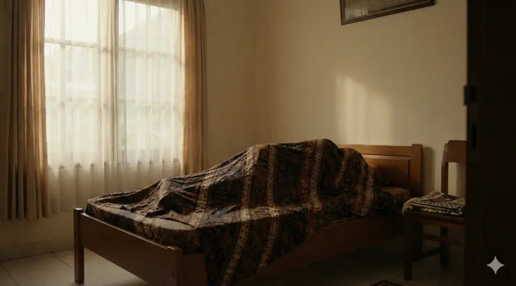 Suasana hening di kamar tidur dengan jenazah yang sudah ditutup kain batik panjang dari kepala hingga kaki, ilustrasi persiapan awal merawat jenazah sebelum dimandikan.