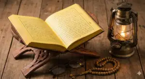Kitab kuning Asna al-Matalib terbuka di atas meja kayu dengan kacamata, tasbih, dan lentera.