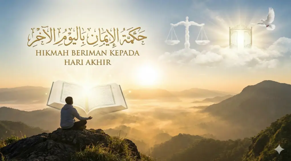 Hakikat Iman Kepada Hari Akhir: Pengertian, Tahapan, dan Hikmah Menurut Kitab Kuning 3 Ilustrasi pemandangan spiritual dengan tulisan Arab dan Indonesia "HIKMAH BERIMAN KEPADA HARI AKHIR". Seorang pria sedang berdoa/merenung di puncak gunung di samping Al-Qur'an yang bercahaya. Di langit terdapat awan berbentuk timbangan amal dan gerbang surga dengan merpati putih.