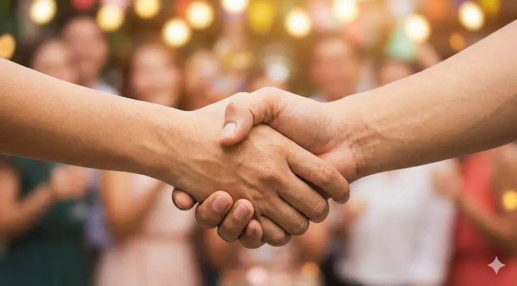Foto close-up dua tangan berjabat tangan erat dengan latar belakang bokeh suasana perayaan yang hangat.