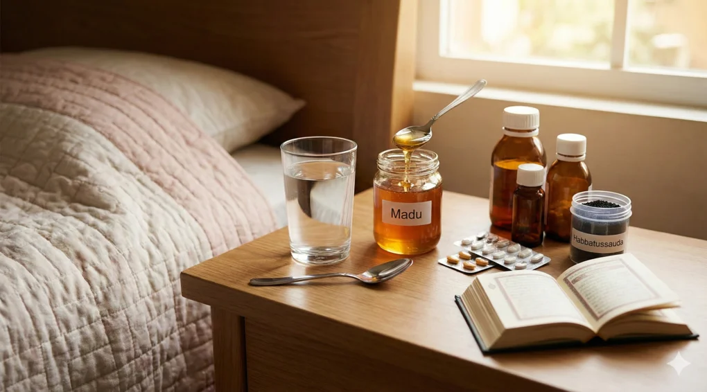 Adab Orang Sakit dan Kewajiban Bertobat Sebelum Ajal Menjemput Menurut Kitab Asna al-Matalib 3 Kombinasi obat medis dan herbal sunnah di meja pasien sebagai bentuk ikhtiar kesembuhan.