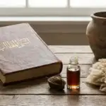 itab kuno Asna al-Matalib Syarh Raud ath-Thalib dengan sampul kulit, diletakkan di meja kayu di samping botol minyak kesturi (misk), kantong misk kering, bulu domba, dan wadah tanah liat.