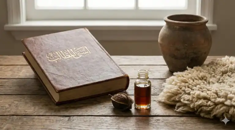 itab kuno Asna al-Matalib Syarh Raud ath-Thalib dengan sampul kulit, diletakkan di meja kayu di samping botol minyak kesturi (misk), kantong misk kering, bulu domba, dan wadah tanah liat.