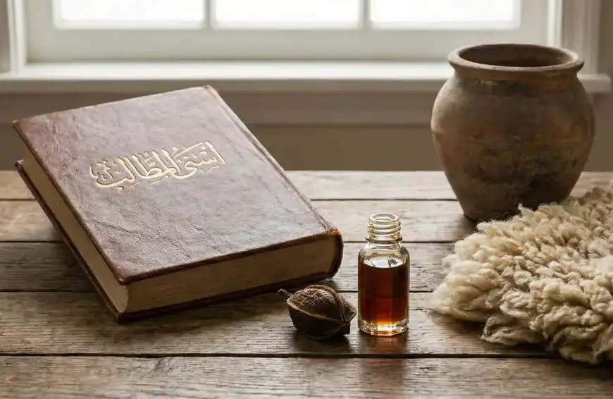 itab kuno Asna al-Matalib Syarh Raud ath-Thalib dengan sampul kulit, diletakkan di meja kayu di samping botol minyak kesturi (misk), kantong misk kering, bulu domba, dan wadah tanah liat.