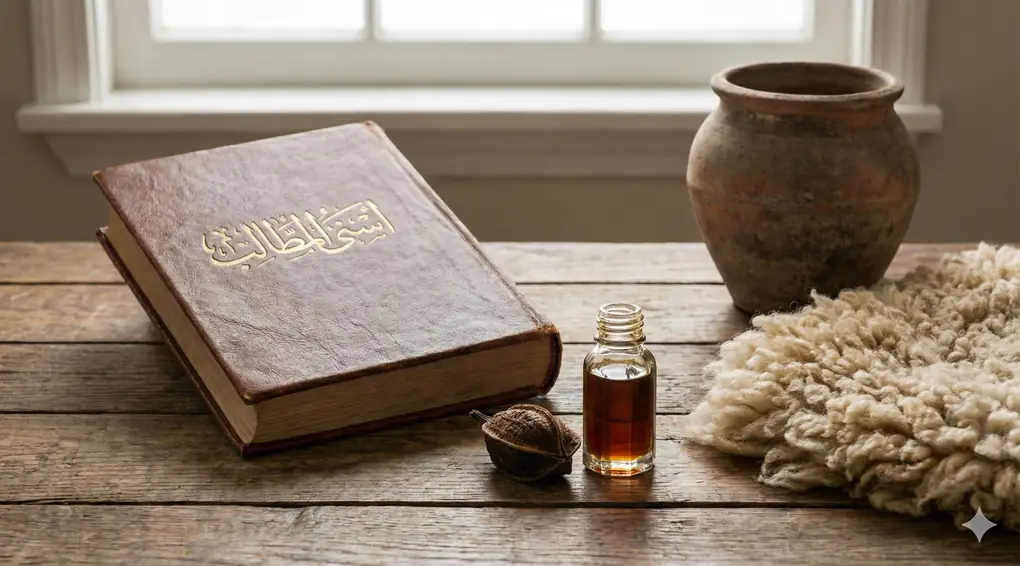 itab kuno Asna al-Matalib Syarh Raud ath-Thalib dengan sampul kulit, diletakkan di meja kayu di samping botol minyak kesturi (misk), kantong misk kering, bulu domba, dan wadah tanah liat.